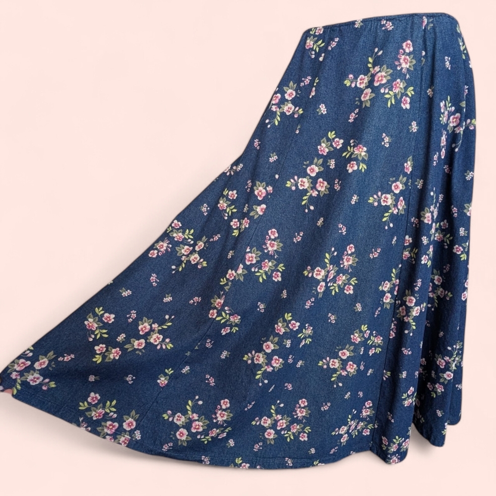 Cottagecore Floral Denim Midi Skirt Handmade Vintage Style Blue Prairie Skirt - Picture 2 of 9